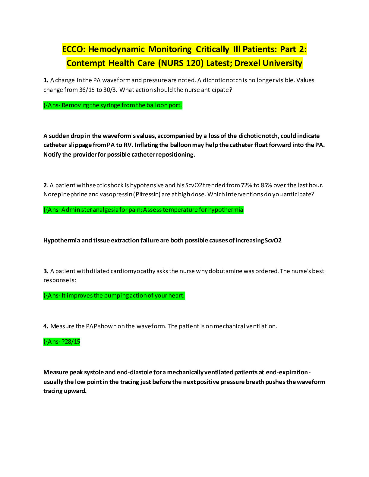 Preview image for ECCO: Hemodynamic Monitoring Critically Ill Patients: Part 2: Contempt Health Care (NURS 120) Latest; Drexel University